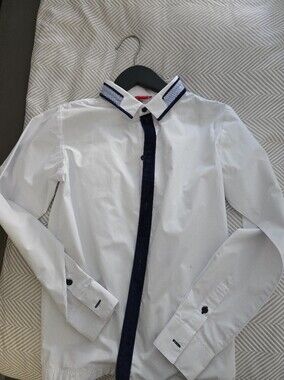 Lulu's White Button-Down Shirt with Navy Trim